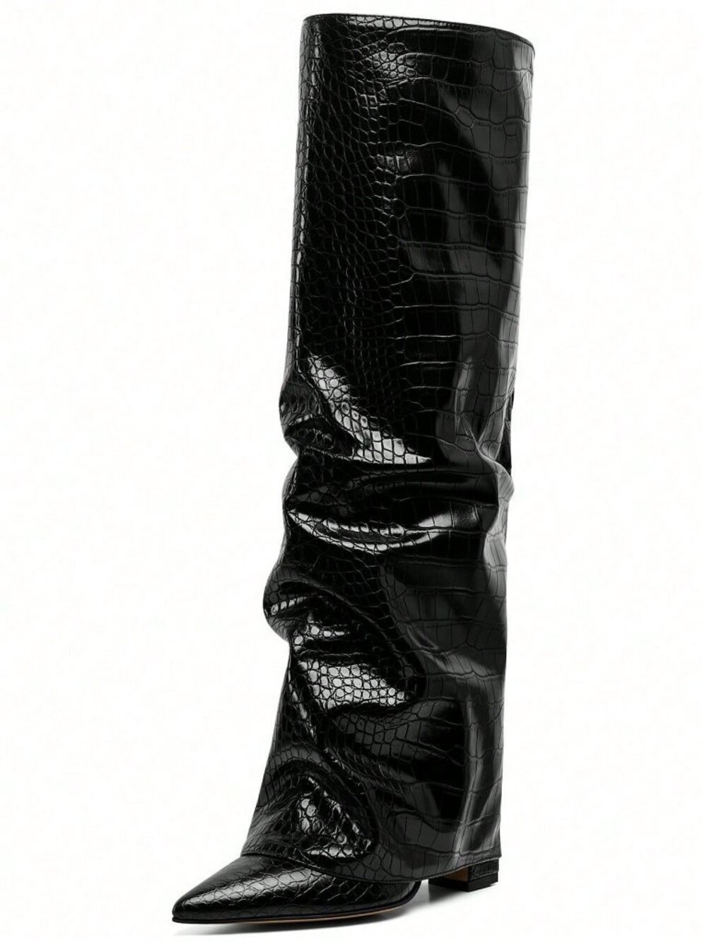 Black Texture Punk Women's Knee High Slouchy Chunky heel boots - Picture 7 of 11